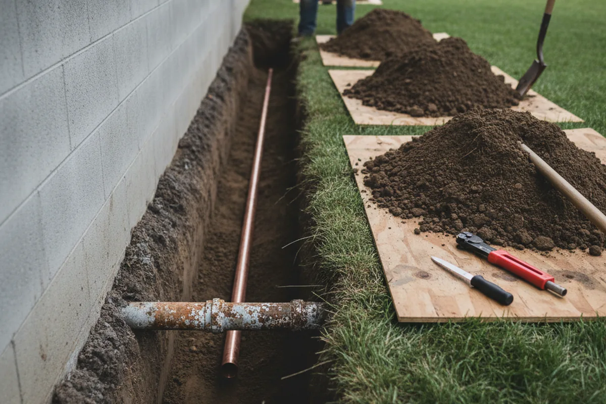 Excavated water line trench during Sewer Line Repair in Bullard